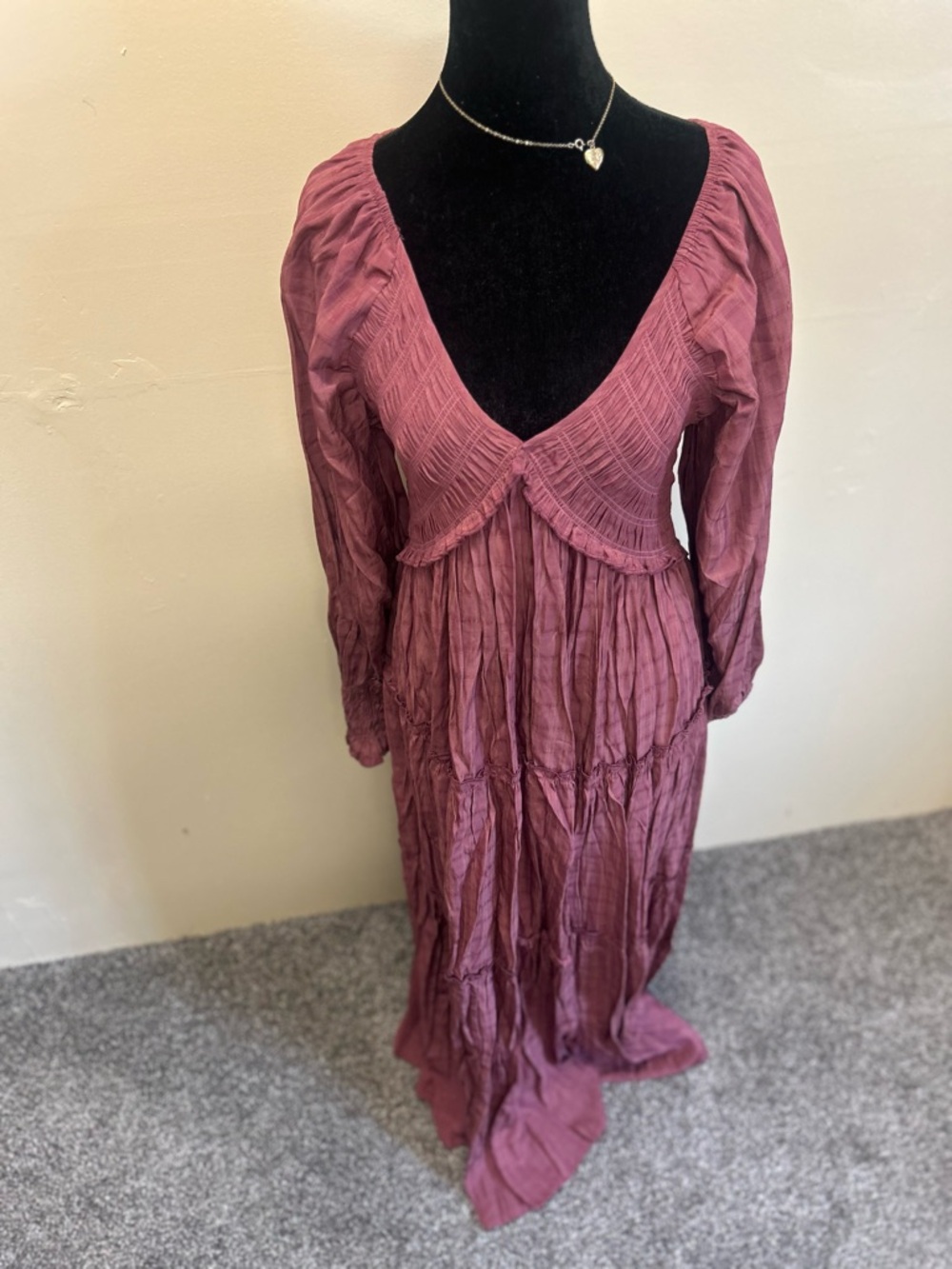 R Vivimos Mauve Boho V-Neck Smocked Long Sleeve Maxi Dress L 12/14 Gorgeous